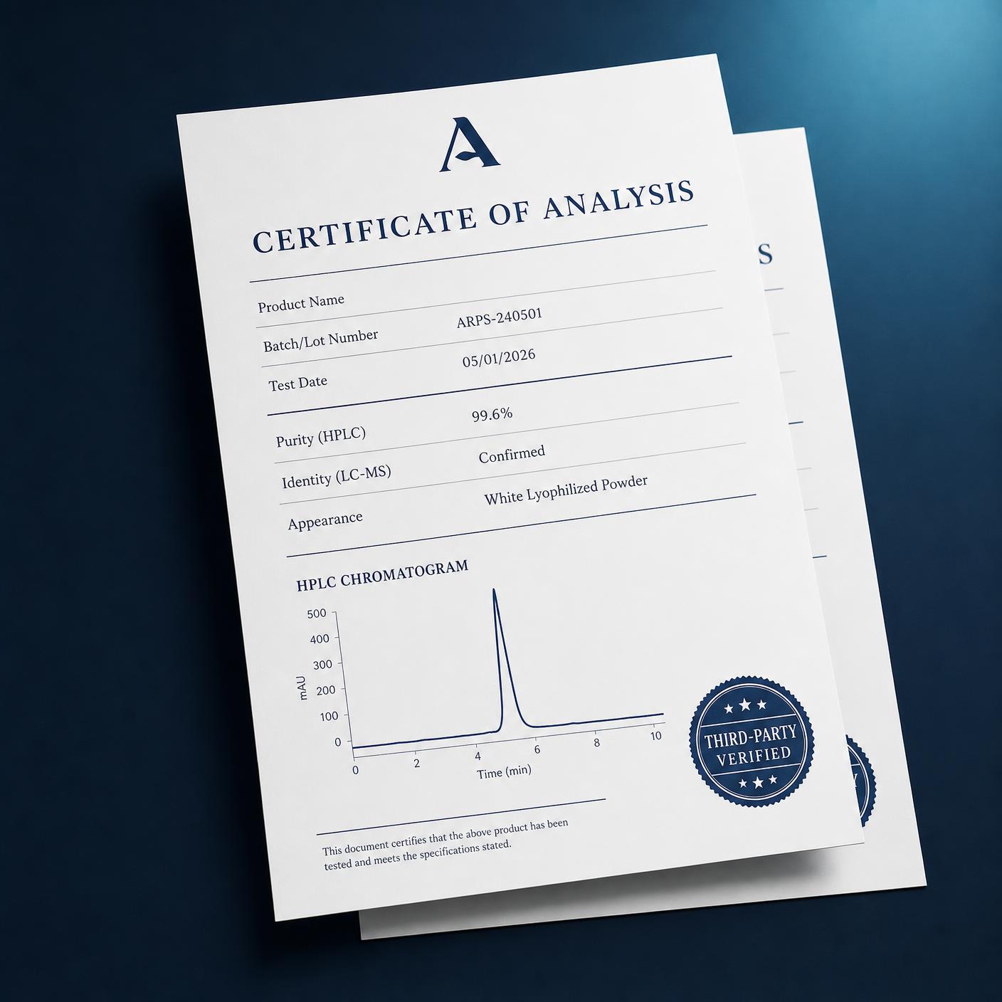 Certificate of Analysis document showing HPLC purity, identity, and third-party verified seal