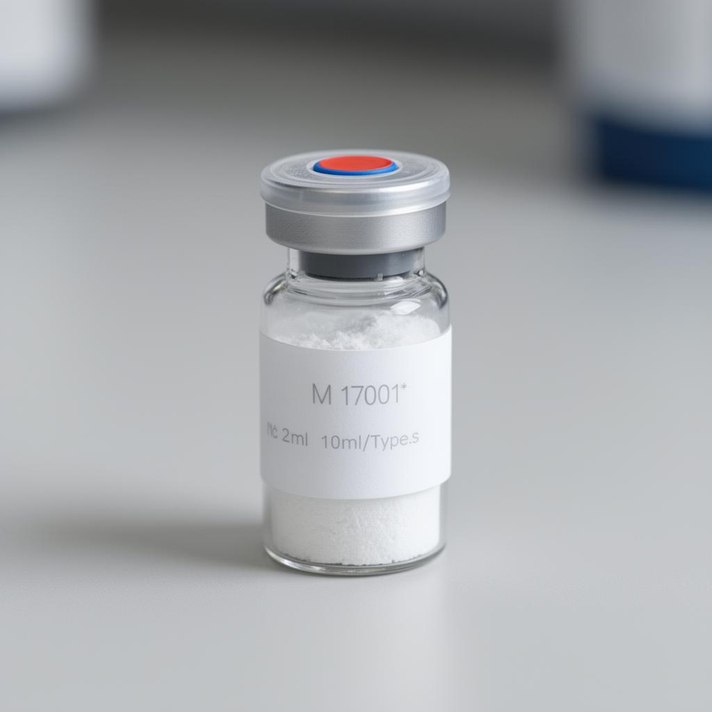 Laboratory peptide vial with research-grade label on a clean bench